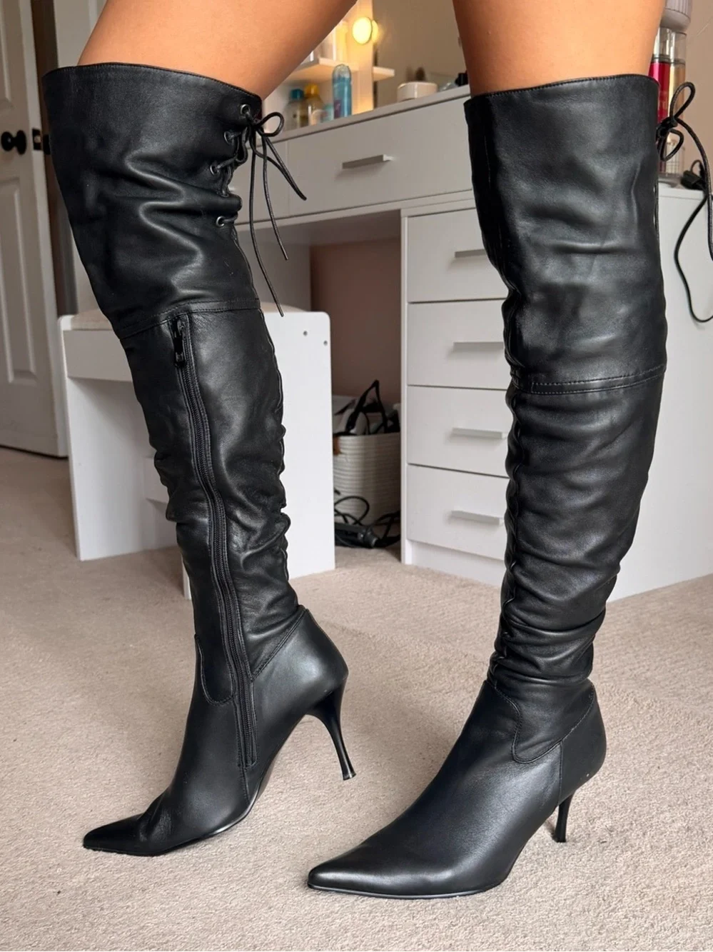 Vintage Italian Leather Over The Knee Convertible Cuff Boots Pointed Toe Stilett